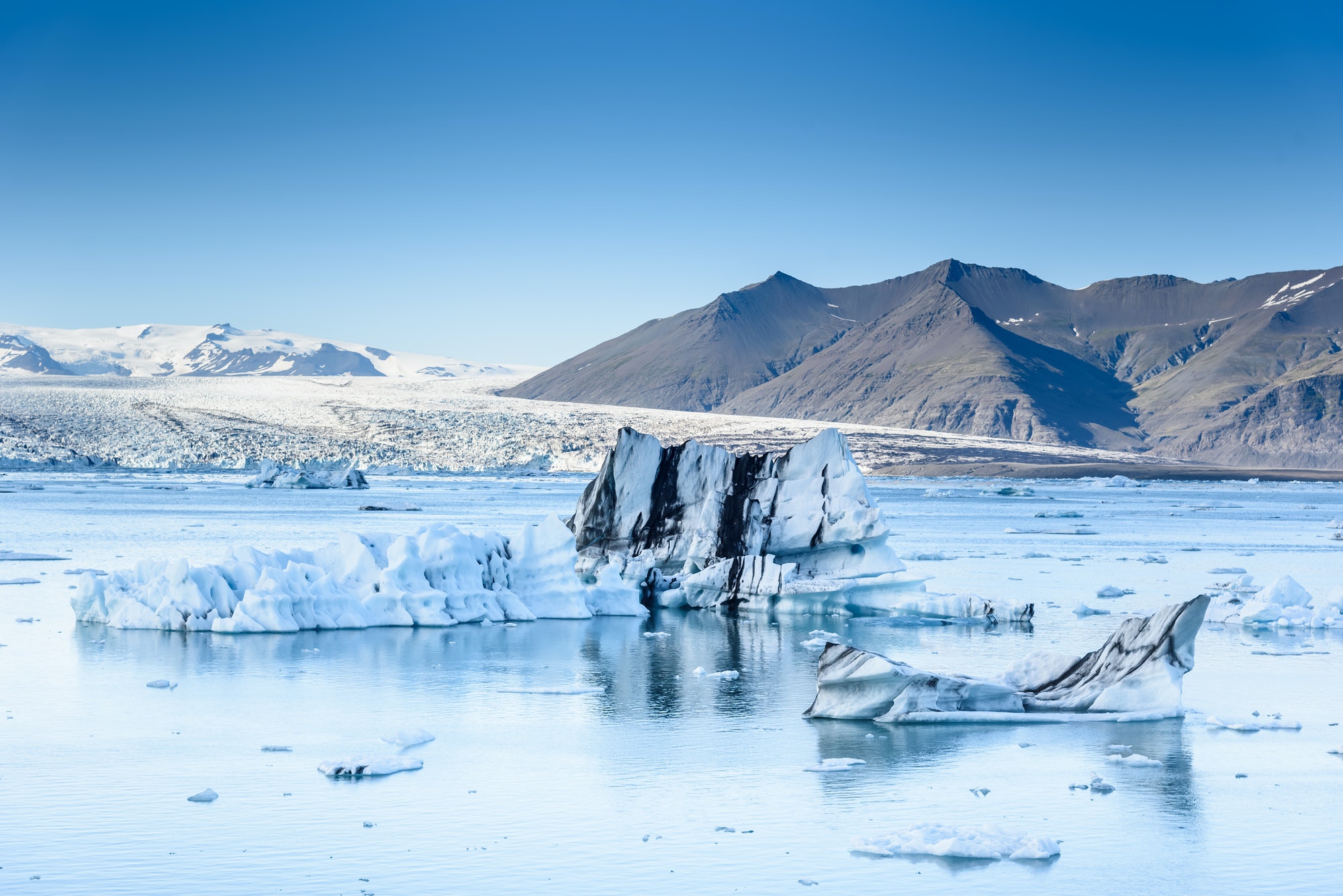Beautiful view of icebergs in glacier lagoon, Iceland, global warming and climate change concept